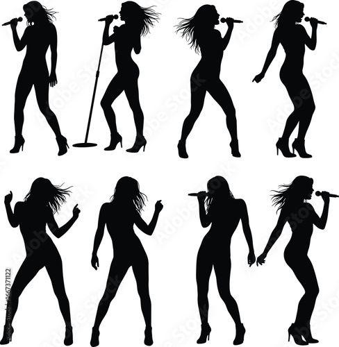 Female singer silhouette, pop star performance, woman singing on stage, music concert illustration, singer with microphone, dancing singer pose, live music vector