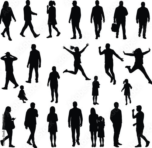 People walking silhouettes, jumping and running figures, male and female poses, urban lifestyle vector, street crowd illustration, everyday movement art, pedestrian silhouettes
