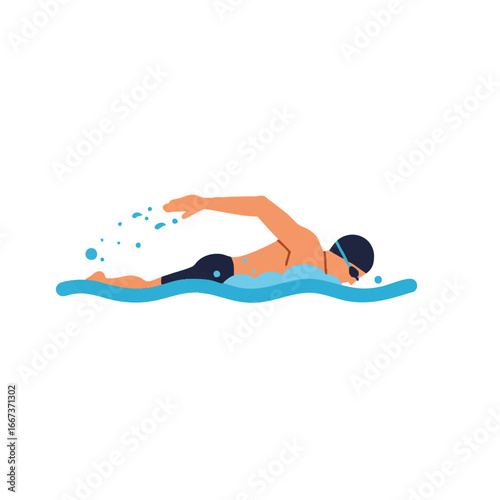 A dynamic 2D flat vector illustration depicting a swimmer gracefully executing a front crawl with clean lines and solid colors, isolated on a pristine white background.