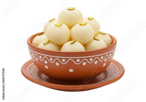 Delicious rasgulla indian sweet dessert in a traditional clay bowl isolated on transparent background