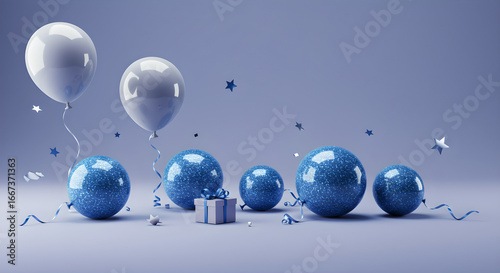 Elegant birthday celebration background with white balloons, blue glitter spheres, and gift box on a lavender backdrop.