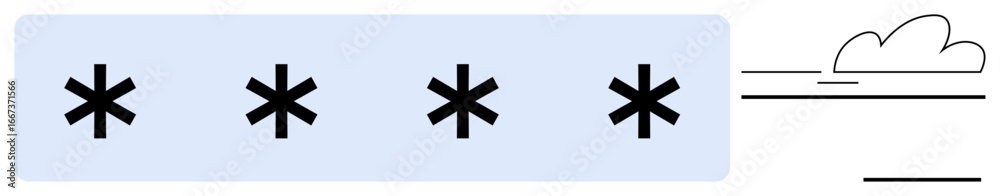 Obraz premium Four black asterisks aligned horizontally, accompanied by minimal cloud and linear elements. Ideal for communication, creativity, abstraction, balance, minimalism, modern design, and concept art