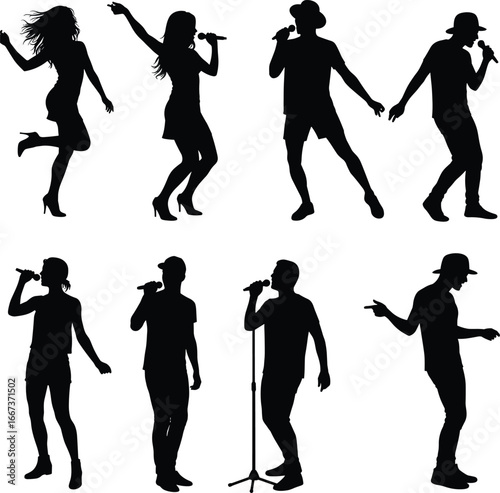 singer silhouette vector, dancing singer pose, man holding microphone, woman singing performance, music concert illustration, pop star outline, stage performer art, musician black shape