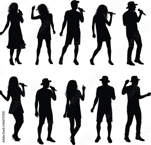 singer silhouette vector, man and woman singing, microphone performance, pop music artist, stage concert illustration, dancing singer pose, musician outline art, black stage figure