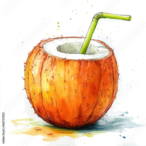 Coconut Drink Tropical Setting, watercolor vector, isolated on a white background.