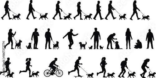 Silhouettes of people walking, running, playing, biking, and exercising with dogs, pet owners outdoor activities, leisure lifestyle, companionship
