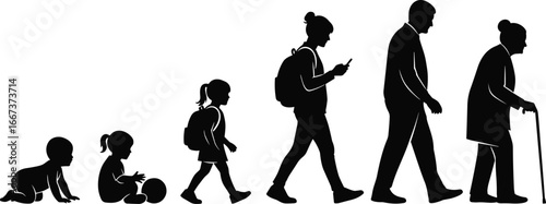Human life stages, baby to old age, child growth, adult development, aging process, family generation, people evolution, silhouette illustration
