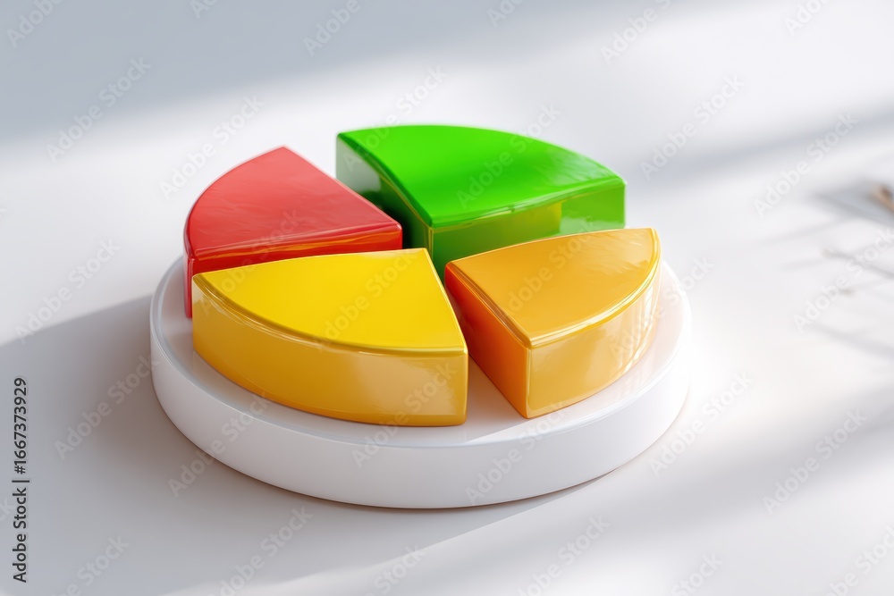 Obraz premium Colorful geometric shapes arranged in a circular format on a white surface with soft shadows, representing concepts of division, analysis, and data visualization in a modern setting.