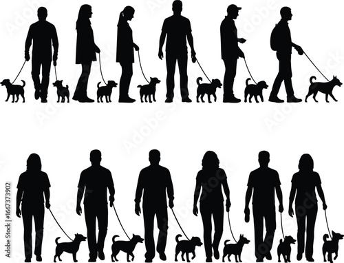 Silhouette people walking dogs, pet owners with leashes, outdoor lifestyle, exercise with pets, family activity, animal care, companionship, healthy daily walk illustration