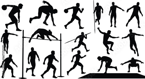 Athletics silhouettes, track and field, running, jumping, javelin throw, discus throw, high jump, long jump, sports training, competition, performance