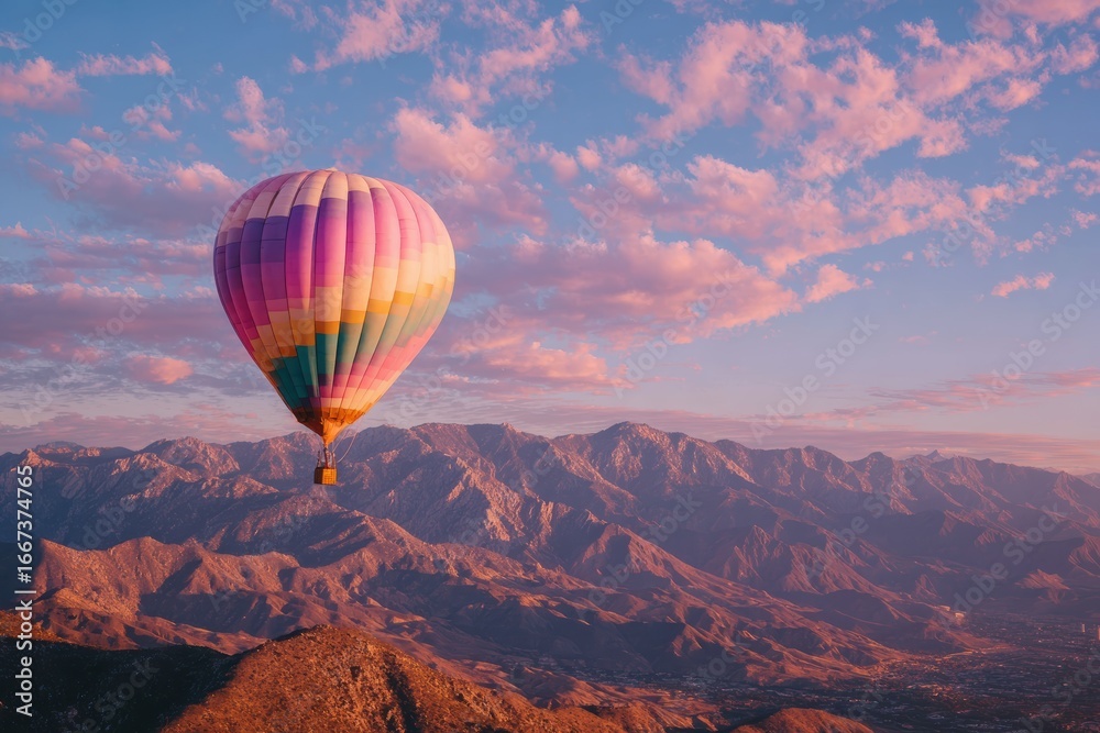 Obraz premium Colorful Hot Air Balloon Floating Over Scenic Mountain Landscape at Sunrise with Pink and Purple Skies and Majestic Peaks in the Background
