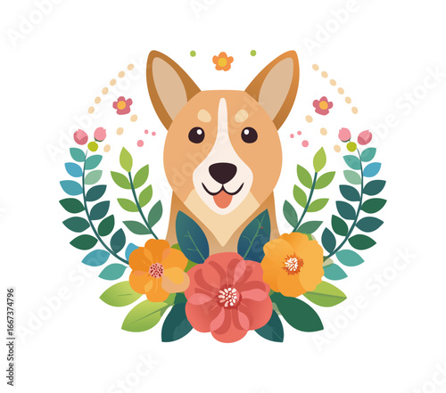 clean minimalist Dog with Flower Arrangement