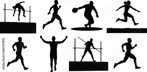 Athletics silhouettes, track and field athletes, running, jumping, pole vault, discus throw, high jump, long jump, sports training, competition illustration