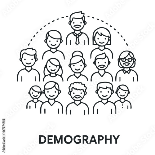 Demographic analysis of diverse populations in modern society infographic urban environment aerial view social insights. Vector outline illustration