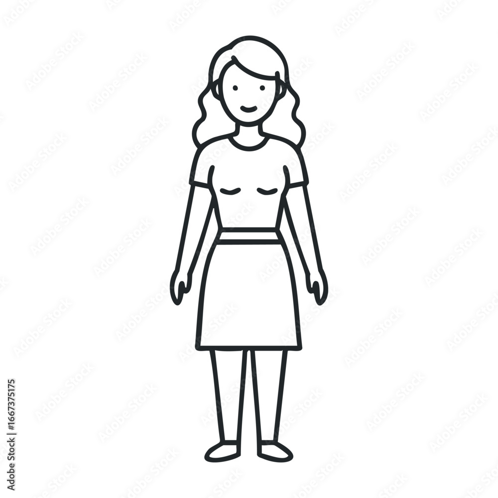 Stylish woman in casual outfit urban setting illustration minimalist design front view modern lifestyle concept. Vector outline illustration Stylish woman in casual outfit urban setting illustration minimalist design front view modern lifestyle concept. Vector outline illustration