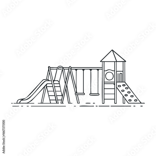 Playground fun for kids community park illustration outdoor side view child development concepts. Vector outline illustration