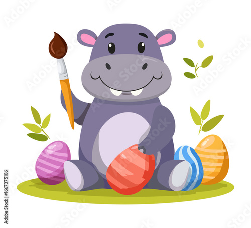 Cute Hippopotamus painting eggs
