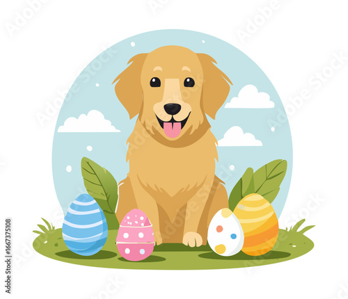 Cute Golden Retriever painting eggs