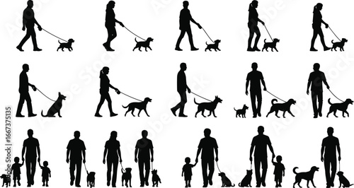 Silhouette people walking dogs, family with children, outdoor leisure activity, pet care, exercise, lifestyle, companionship, man woman child, human figures, canine pets