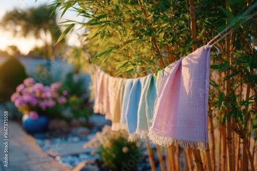 Wallpaper Mural Colorful linen towels hang on a string between lush green bamboo in a serene backyard setting during golden hour, enhancing outdoor ambiance and tranquility. Torontodigital.ca