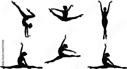 Silhouette female gymnast, dancer posing, acrobatic moves, fitness flexibility, rhythmic gymnastics, elegant performance, sports training, strength balance, split jump, handstand silhouette