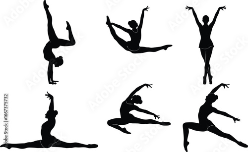 Silhouette female gymnast, dancer flexibility, acrobatic poses, artistic performance, sport balance, split stretch, elegant moves, handstand posture, fitness strength, graceful training