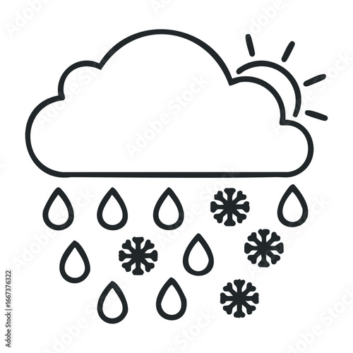 Winter weather alert snow and rain forecast for urban areas infographic cloudy skies informative visual. Vector outline illustration
