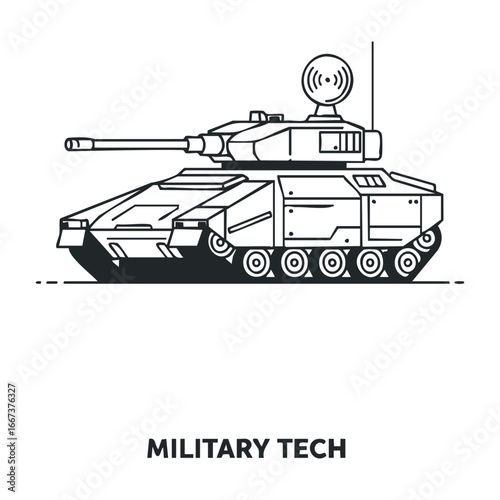 Military technology action tank deployment warfare zone digital illustration modern battlefield side view concept. Vector outline illustration