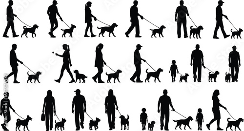 Dog walking silhouette vector, people with pets, family outdoor activity, man woman child walking dog, pet care illustration, leisure lifestyle