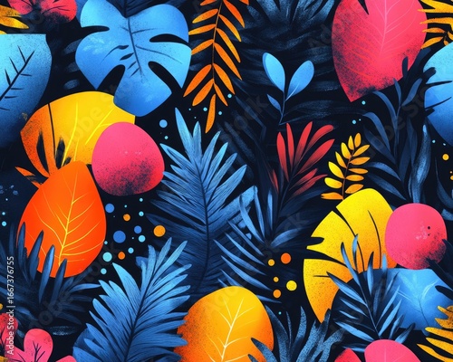 Vibrant leaves of pink, yellow, blue, orange, and red on black background. Use this trendy pattern for designs, backgrounds, and creative projects.