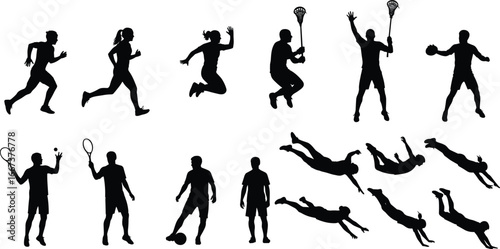 Sports silhouette vector, running, tennis, soccer, swimming, lacrosse, ball games, athletic training, competition, exercise, active lifestyle, fitness illustration
