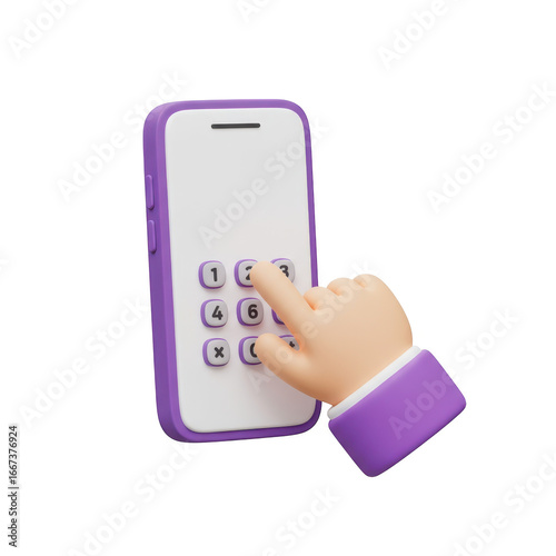 3d cartoon hand dialing a phone number on a smartphone isolated on transparent background