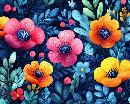 Floral design featuring red, orange, yellow, and blue flowers with leaves. Great for backgrounds, invitations, and textile designs.