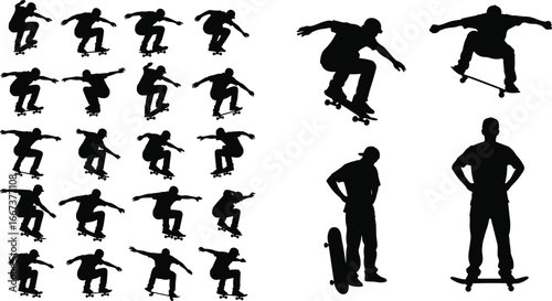 Skateboarding silhouette vector, skateboard tricks, urban sport, freestyle skater, jump action, skate park, extreme sport, youth culture, graphic design