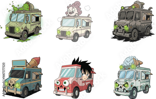 Creepy zombie ice cream trucks cartoon set with spooky characters, horror vehicle design, Halloween treats, scary food truck illustration art.