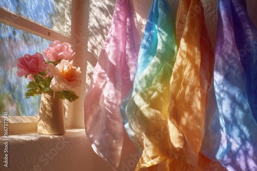 Wallpaper Mural Colorful sheer scarves hang softly by a sunlit window casting gentle shadows, with a delicate bouquet of pastel flowers in a small vase nearby, creating a serene atmosphere. Torontodigital.ca