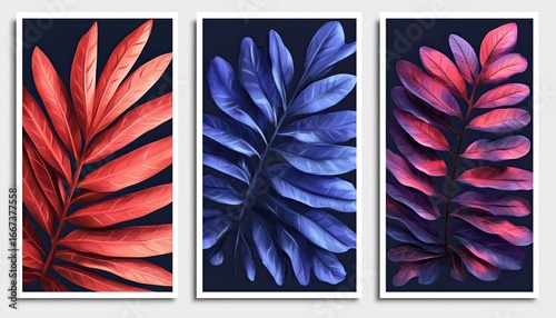 Three framed botanical prints feature vibrant leaves in red, blue, and purple. Use this for wall art, home decor, or adding a touch of nature.