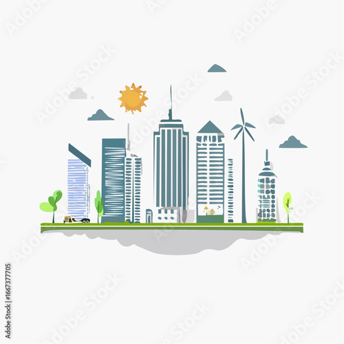 High-quality SVG vector of futuristic smart city powered by renewable energy. 