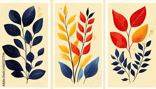 Botanical art print in blue, yellow and red colors on soft yellow background. Use for wall art, prints, posters, branding and other graphic design projects.