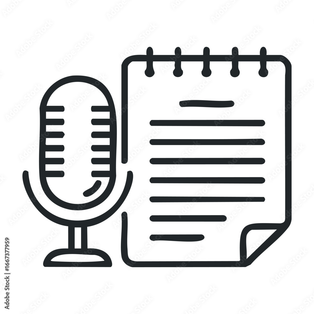 Podcast recording session microphone and notepad in studio creative workspace digital media overhead view. Vector outline illustration Podcast recording session microphone and notepad in studio creative workspace digital media overhead view. Vector outline illustration