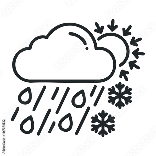 Weather phenomenon rain and snow mix urban environment graphic illustration conceptual design. Vector outline illustration