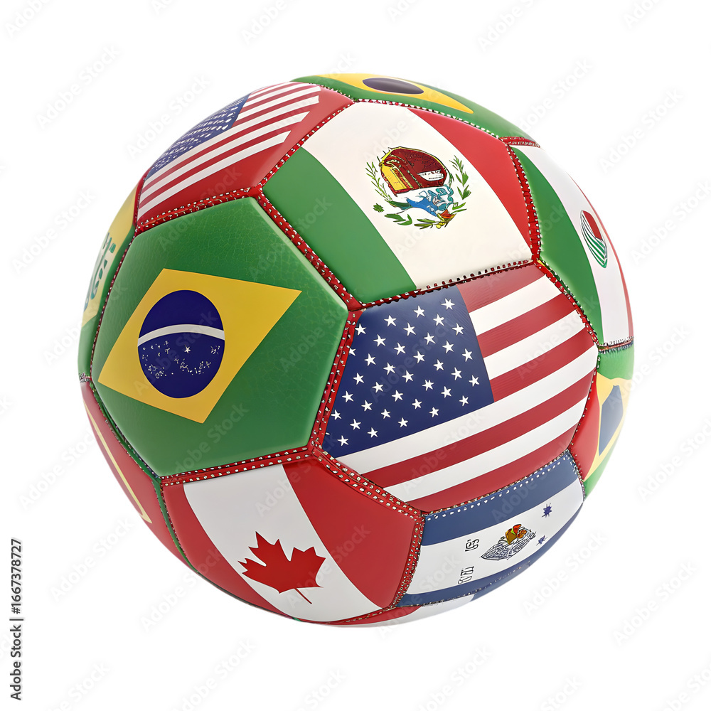 Fototapeta premium Soccer ball featuring diverse national flags stitched together football PNG file download