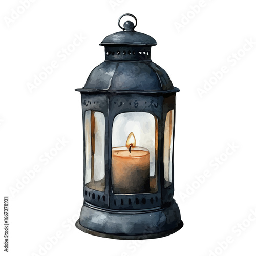 Candle In Lantern, watercolor illustration vector, isolated on a white background.