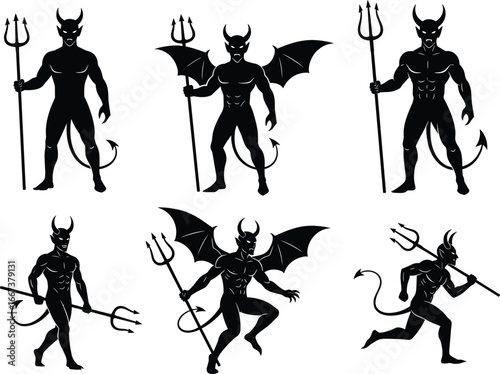 Devil demon silhouettes, trident horned demon, dark evil figure, devil with wings, fantasy creature vector, satan illustration, hell warrior art