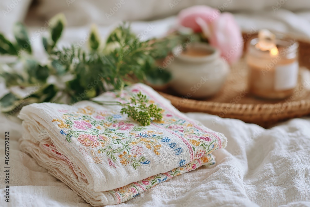 Cozy and Inviting Bedroom Scene Featuring Embroidered Towels, Fresh Greenery, Candles, and Soft Textiles for a Relaxing Atmosphere and Aesthetic Decor