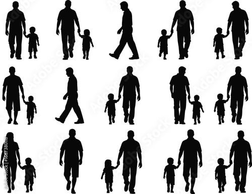Father and child silhouettes, walking together, family bond, parenting love, fatherhood moments, holding hands, dad and son, casual stroll, black vector, parent child connection