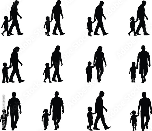 Parent and child walking silhouettes, mother and daughter, father and son, family bond, holding hands, walking together, parenthood love, black vector
