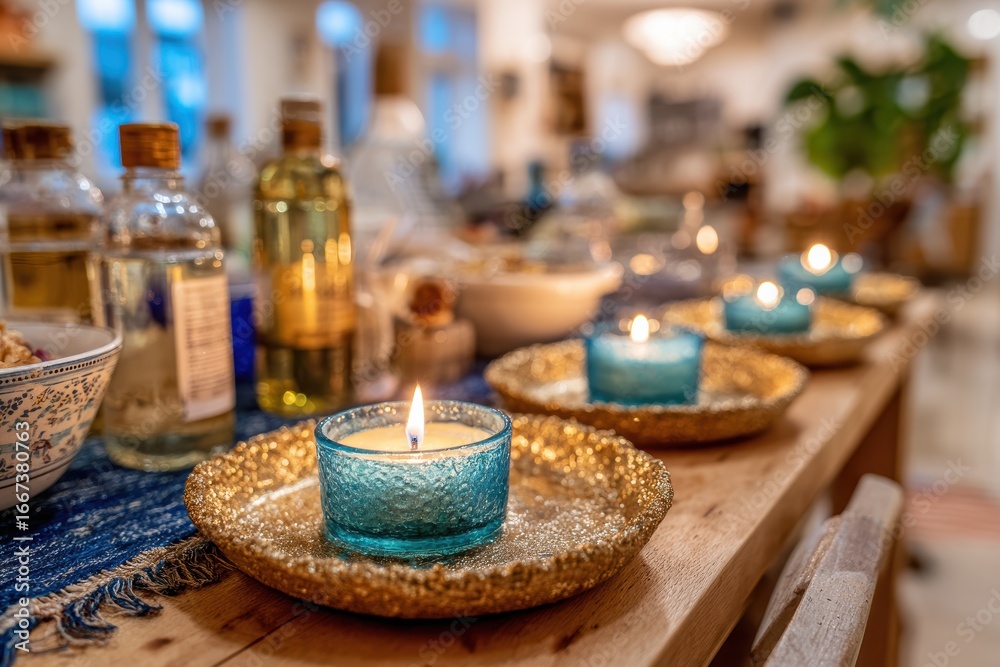Fototapeta premium Cozy Evening Atmosphere with Decorative Candles and Essential Oils on a Wooden Table in a Warm, Inviting Space