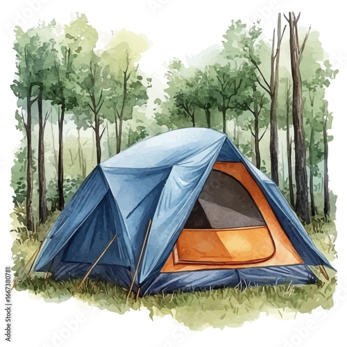 watercolor of Camping Tent Summer Forest, vector, isolated on a white background.