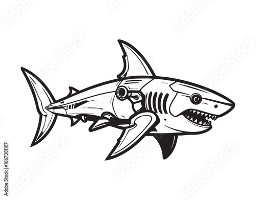 Black and white Cyborg Shark logo concept